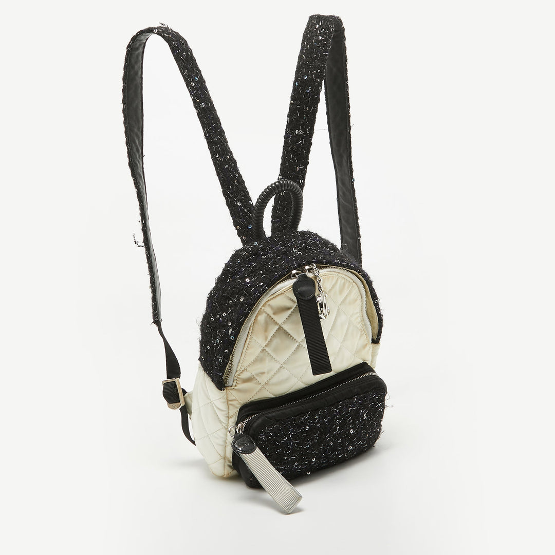 Top Quality Chanel Black/Off White Quilted Satin and Tweed Sequins Mini Backpack