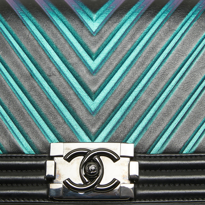 Chanel Black/Holographic Chevron Leather Medium Boy New Bag