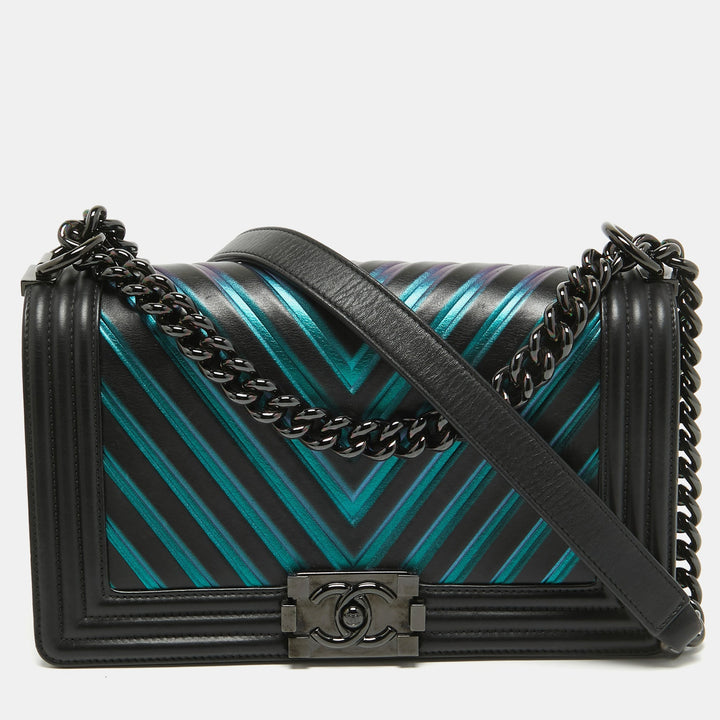 Chanel Black/Holographic Chevron Leather Medium Boy New Bag