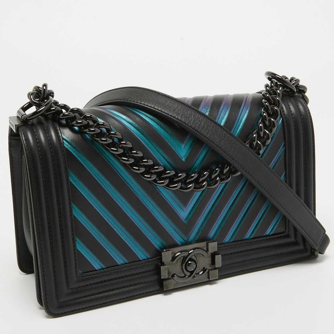 Chanel Black/Holographic Chevron Leather Medium Boy New Bag