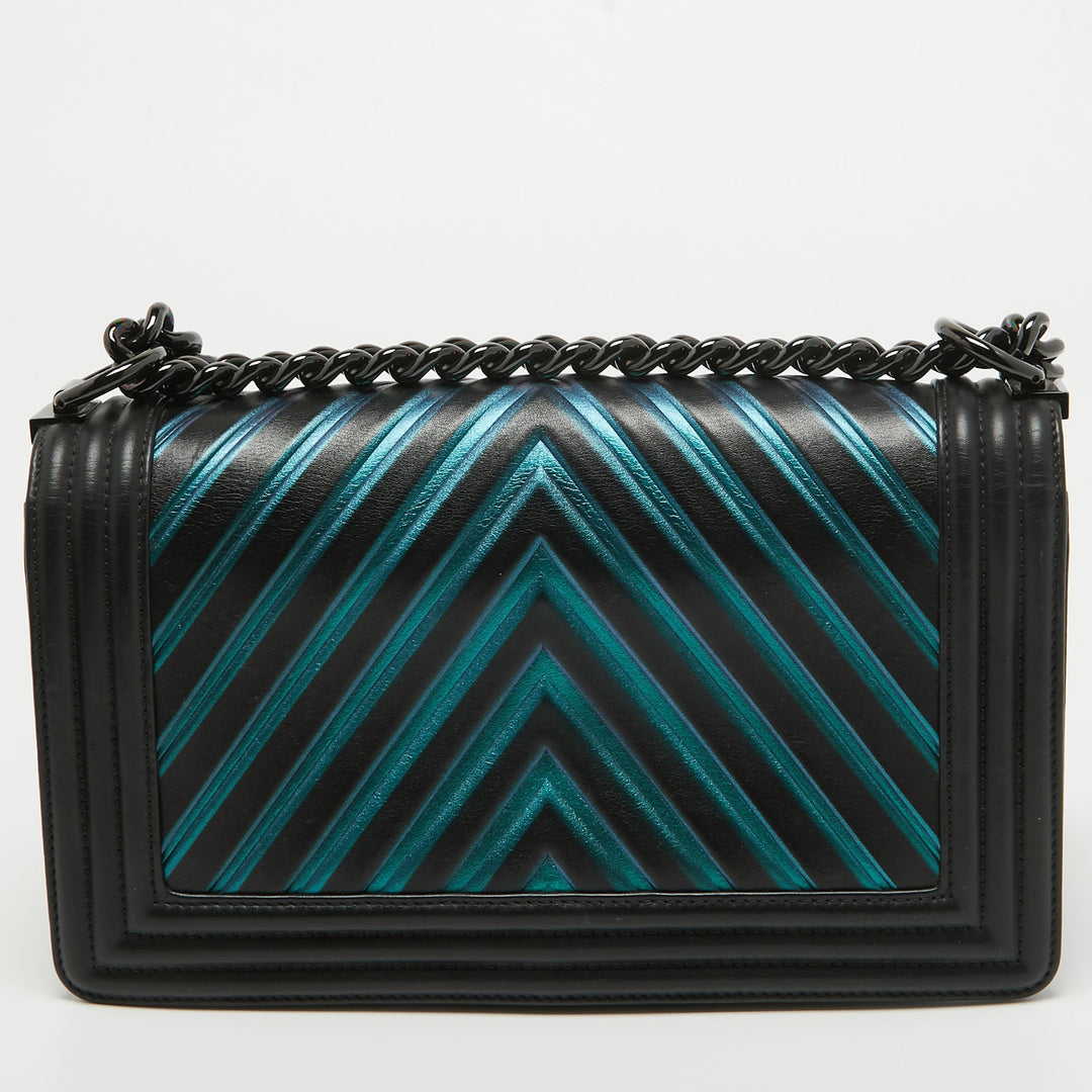 Chanel Black/Holographic Chevron Leather Medium Boy New Bag