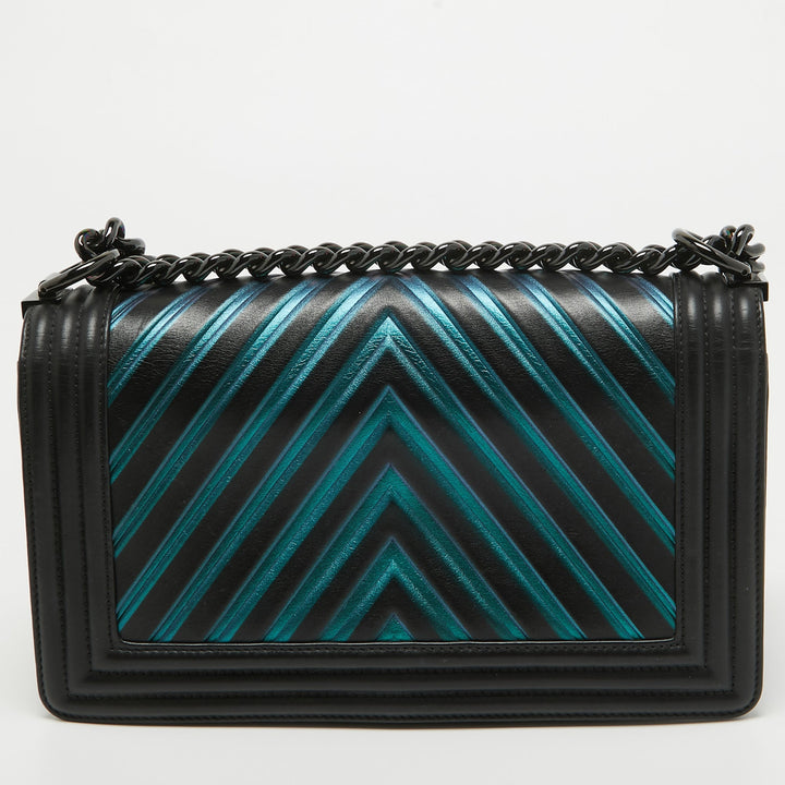 Chanel Black/Holographic Chevron Leather Medium Boy New Bag