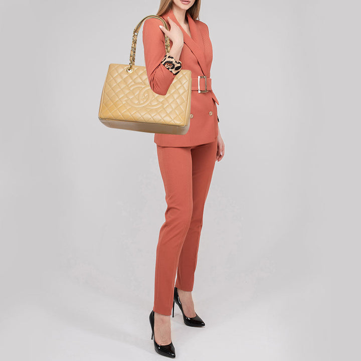 Chanel Beige Quilted Caviar Leather Grand Shopper Tote