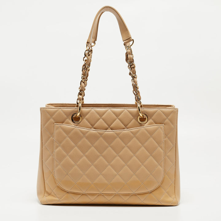 Chanel Beige Quilted Caviar Leather Grand Shopper Tote
