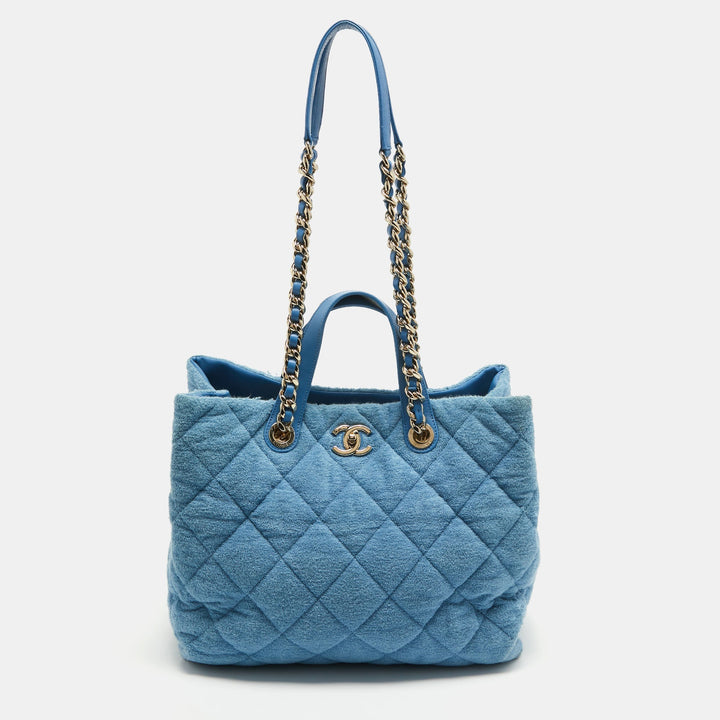 Top Quality Chanel Light Blue Quilted Terry Cloth Coco Beach Shopper Tote