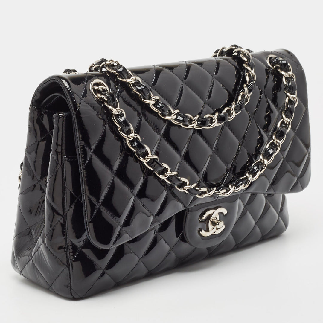 Chanel Black Quilted Patent Leather Jumbo Classic Double New Bag