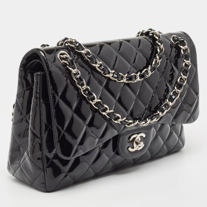 Chanel Black Quilted Patent Leather Jumbo Classic Double New Bag