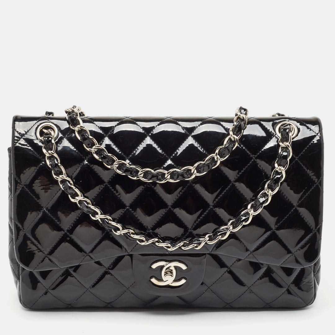 Chanel Black Quilted Patent Leather Jumbo Classic Double New Bag