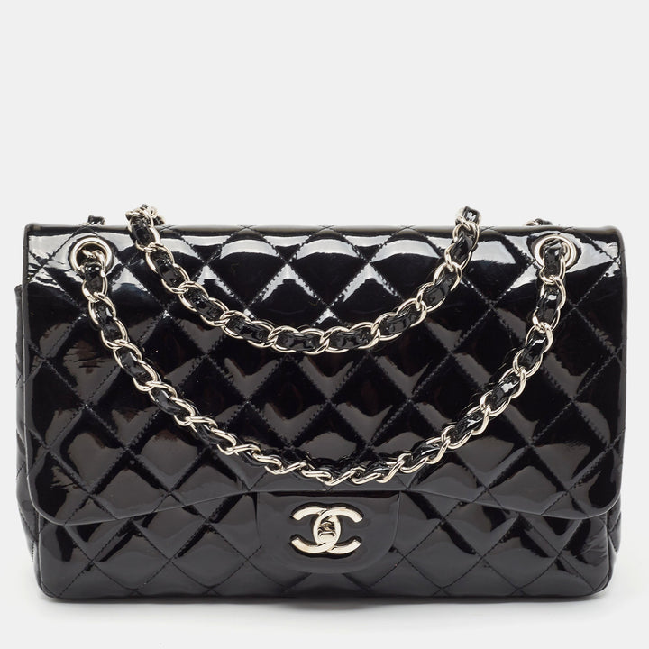 Chanel Black Quilted Patent Leather Jumbo Classic Double New Bag