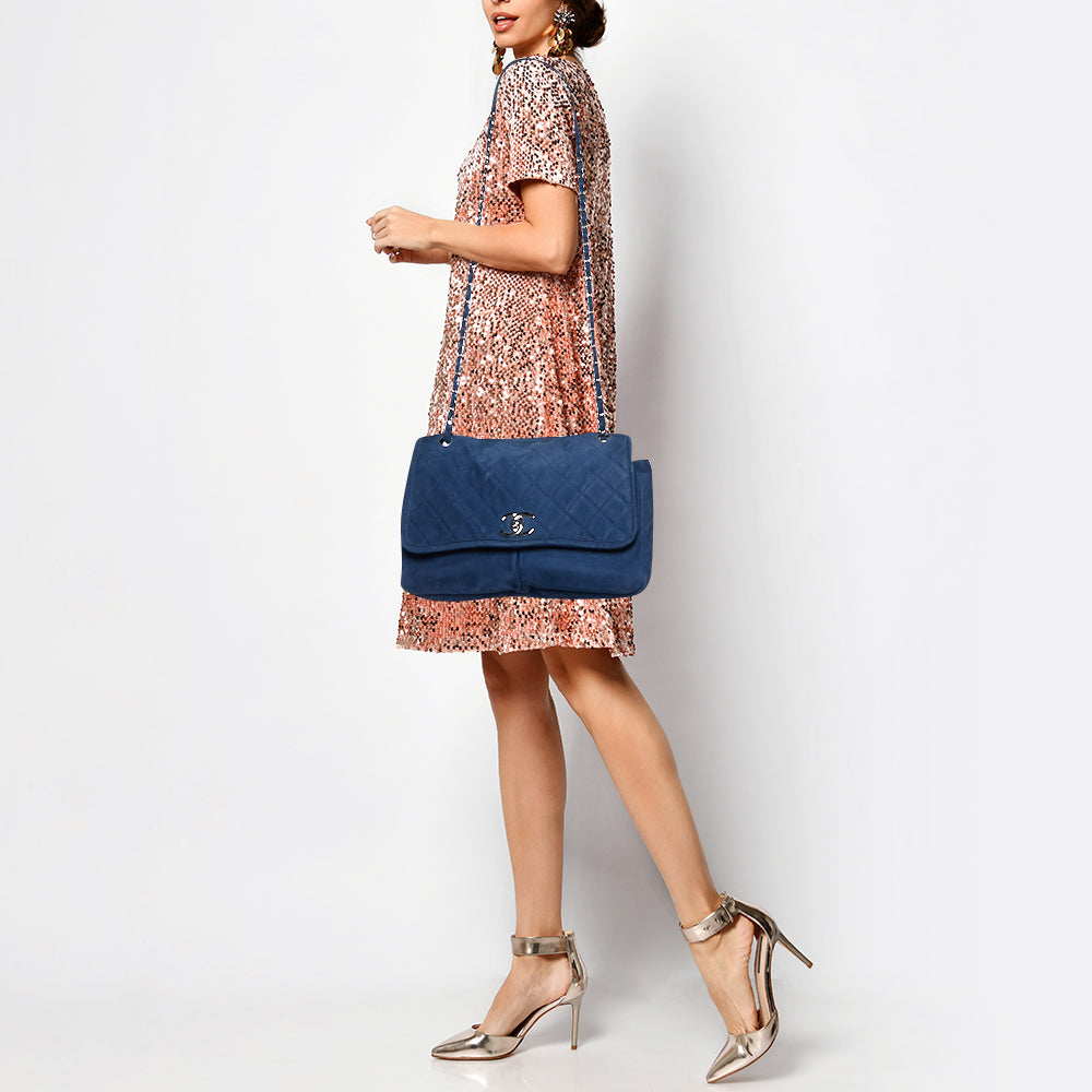 Chanel Blue Quilted Nubuck Leather Large Split Pocket New Bag