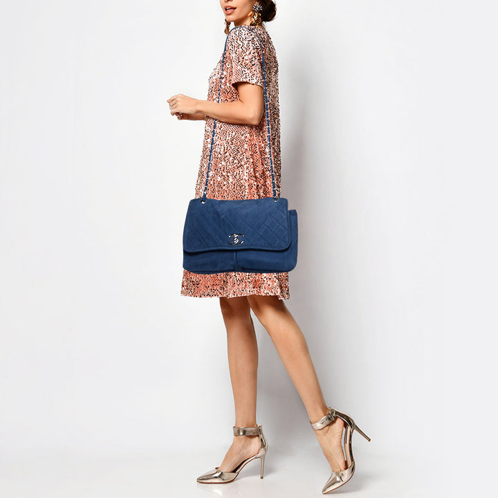 Chanel Blue Quilted Nubuck Leather Large Split Pocket New Bag