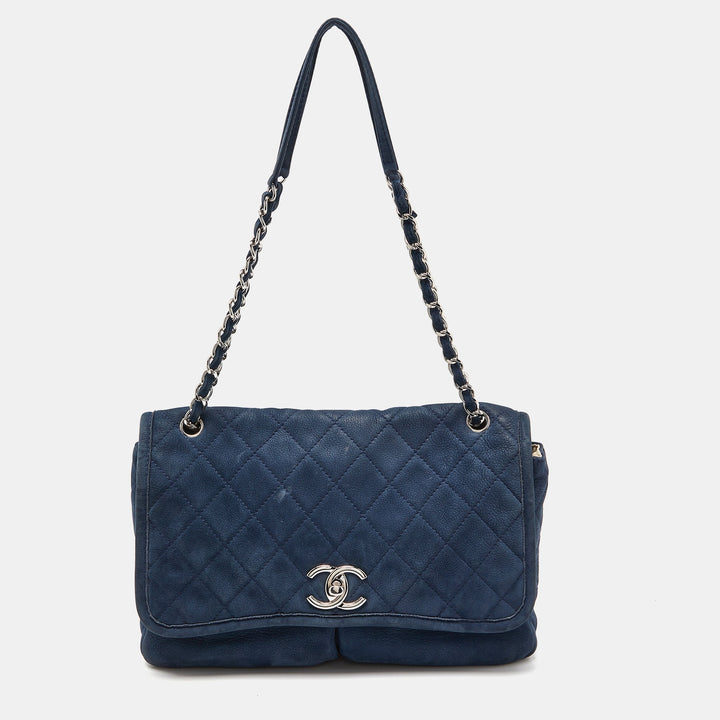 Chanel Blue Quilted Nubuck Leather Large Split Pocket New Bag