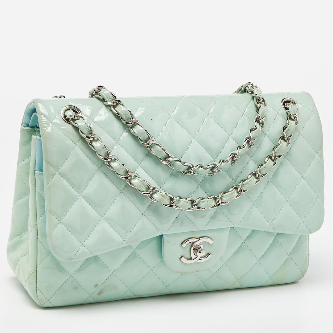 Chanel Green Quilted Patent Leather Jumbo Classic Double New Bag