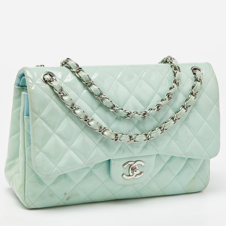 Chanel Green Quilted Patent Leather Jumbo Classic Double New Bag