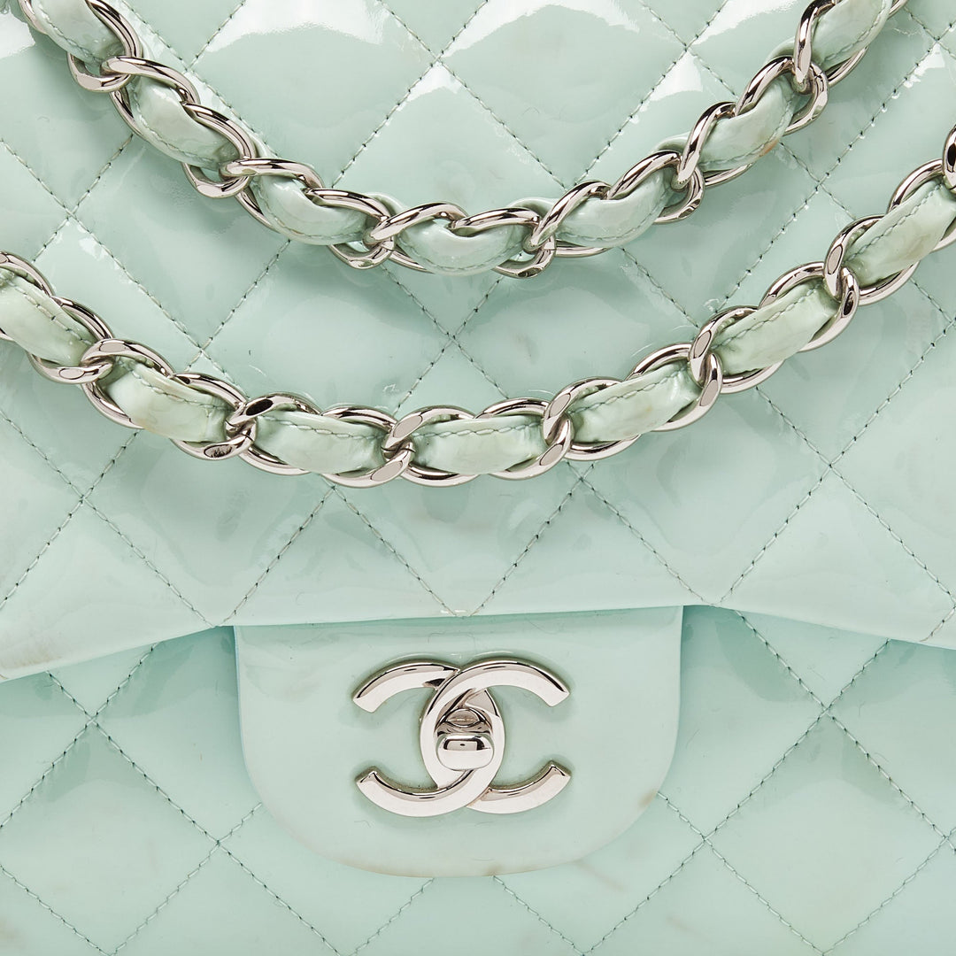 Chanel Green Quilted Patent Leather Jumbo Classic Double New Bag