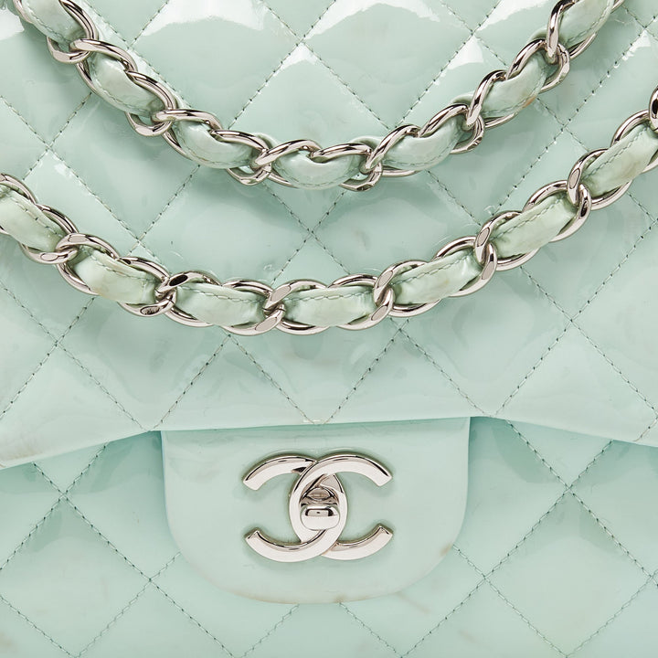 Chanel Green Quilted Patent Leather Jumbo Classic Double New Bag