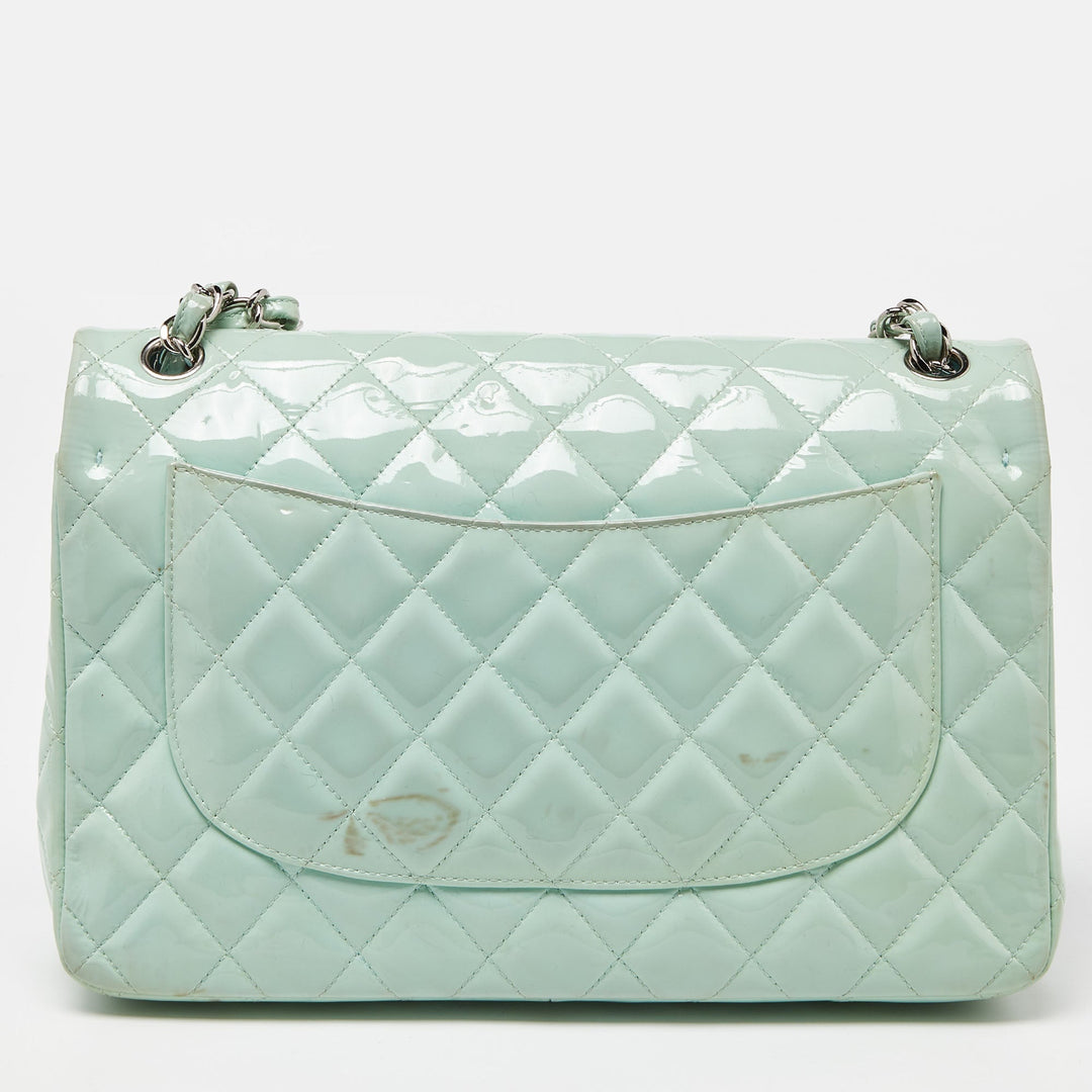 Chanel Green Quilted Patent Leather Jumbo Classic Double New Bag