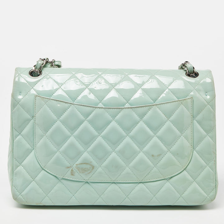Chanel Green Quilted Patent Leather Jumbo Classic Double New Bag