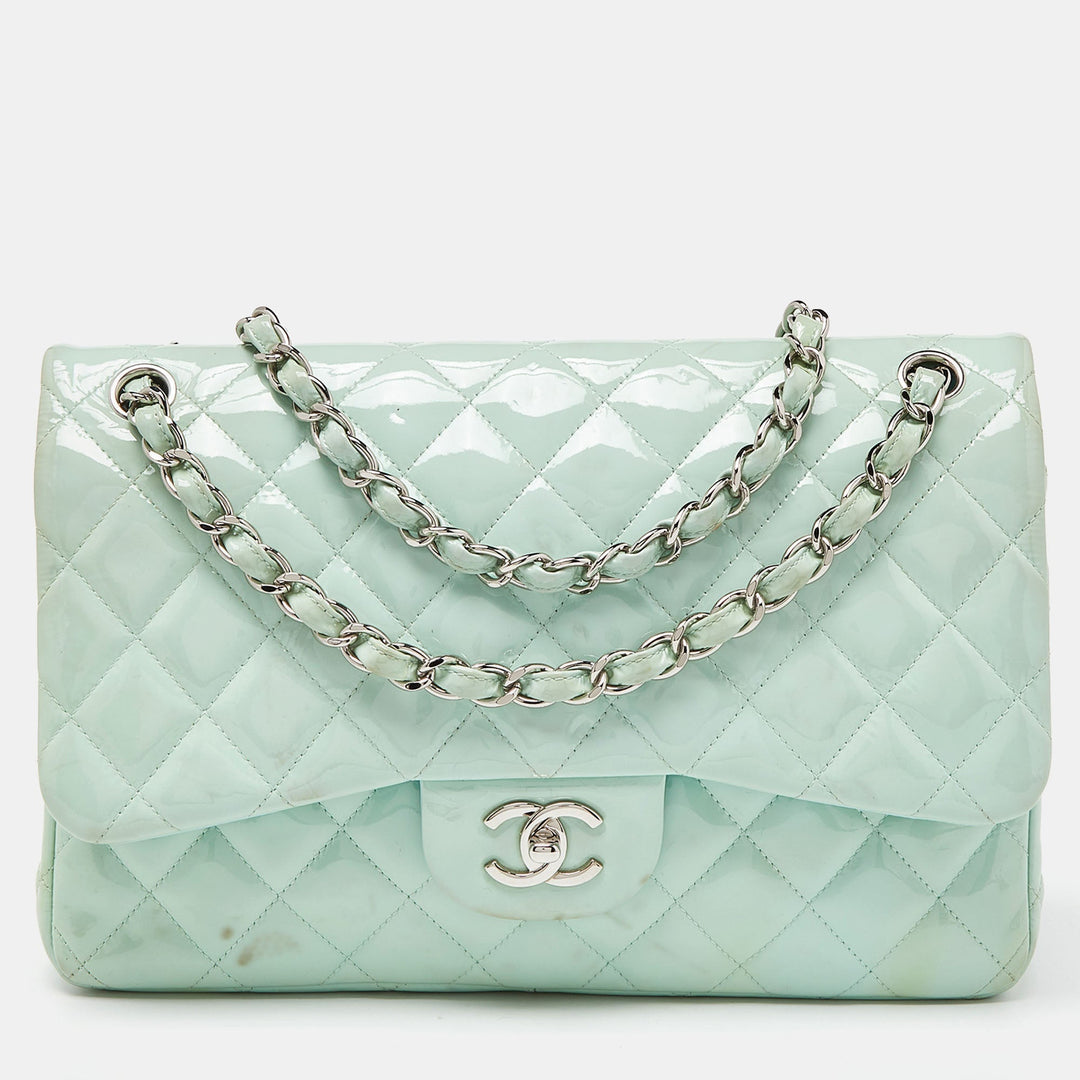 Chanel Green Quilted Patent Leather Jumbo Classic Double New Bag