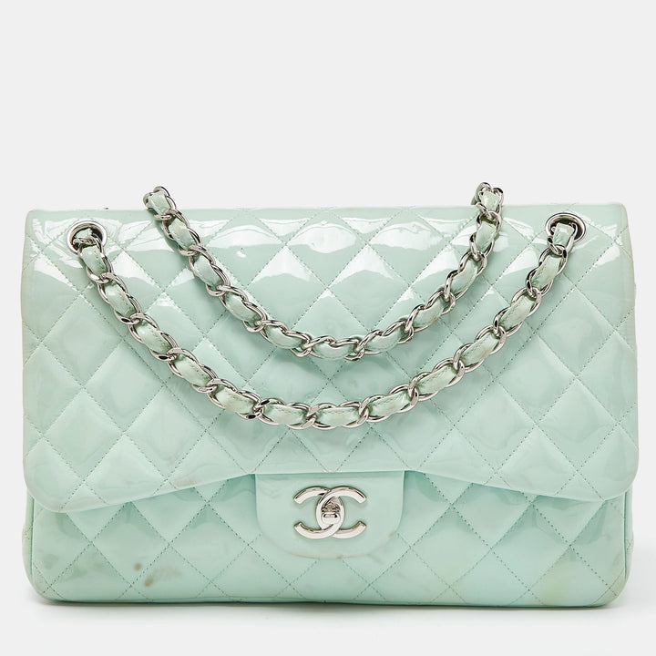Chanel Green Quilted Patent Leather Jumbo Classic Double New Bag