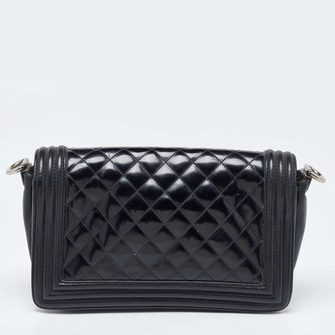 Chanel Black Quilted Patent Leather Medium Boy Bag