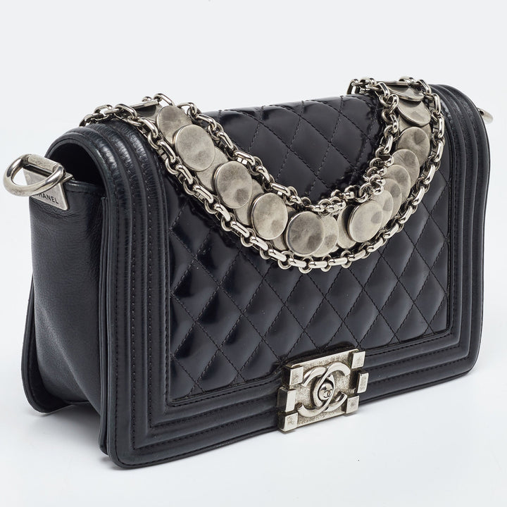 Chanel Black Quilted Patent Leather Medium Boy Bag