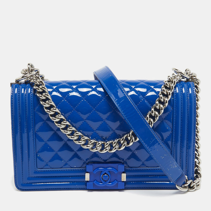 Chanel Blue Quilted Patent Leather Medium Boy New Bag