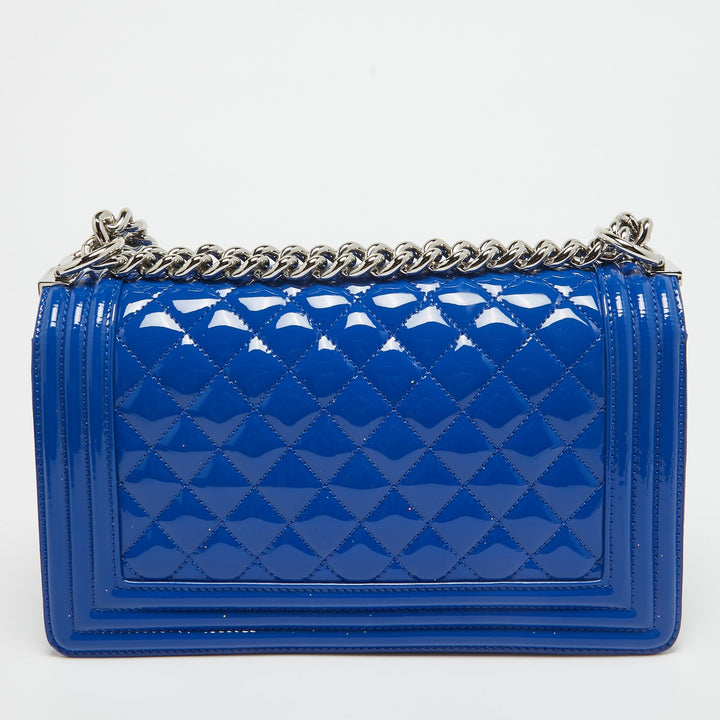 Chanel Blue Quilted Patent Leather Medium Boy New Bag