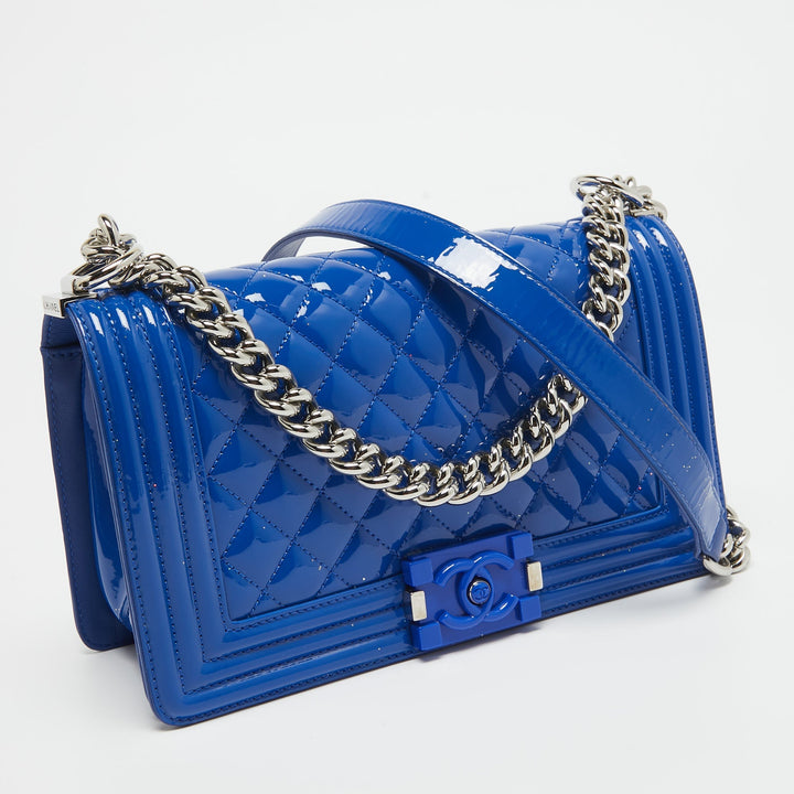 Chanel Blue Quilted Patent Leather Medium Boy New Bag