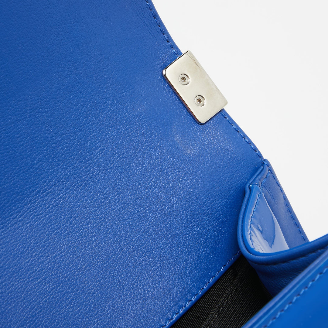 Chanel Blue Quilted Patent Leather Medium Boy New Bag