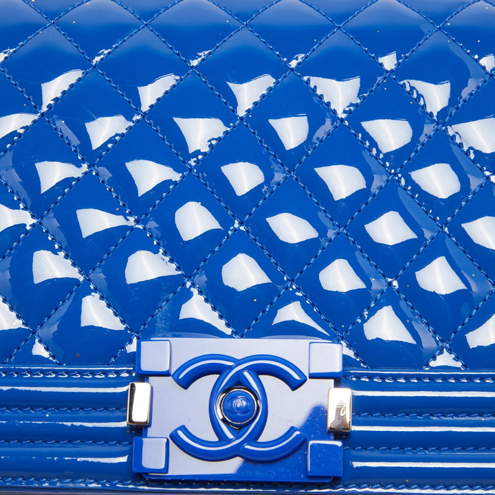 Chanel Blue Quilted Patent Leather Medium Boy New Bag