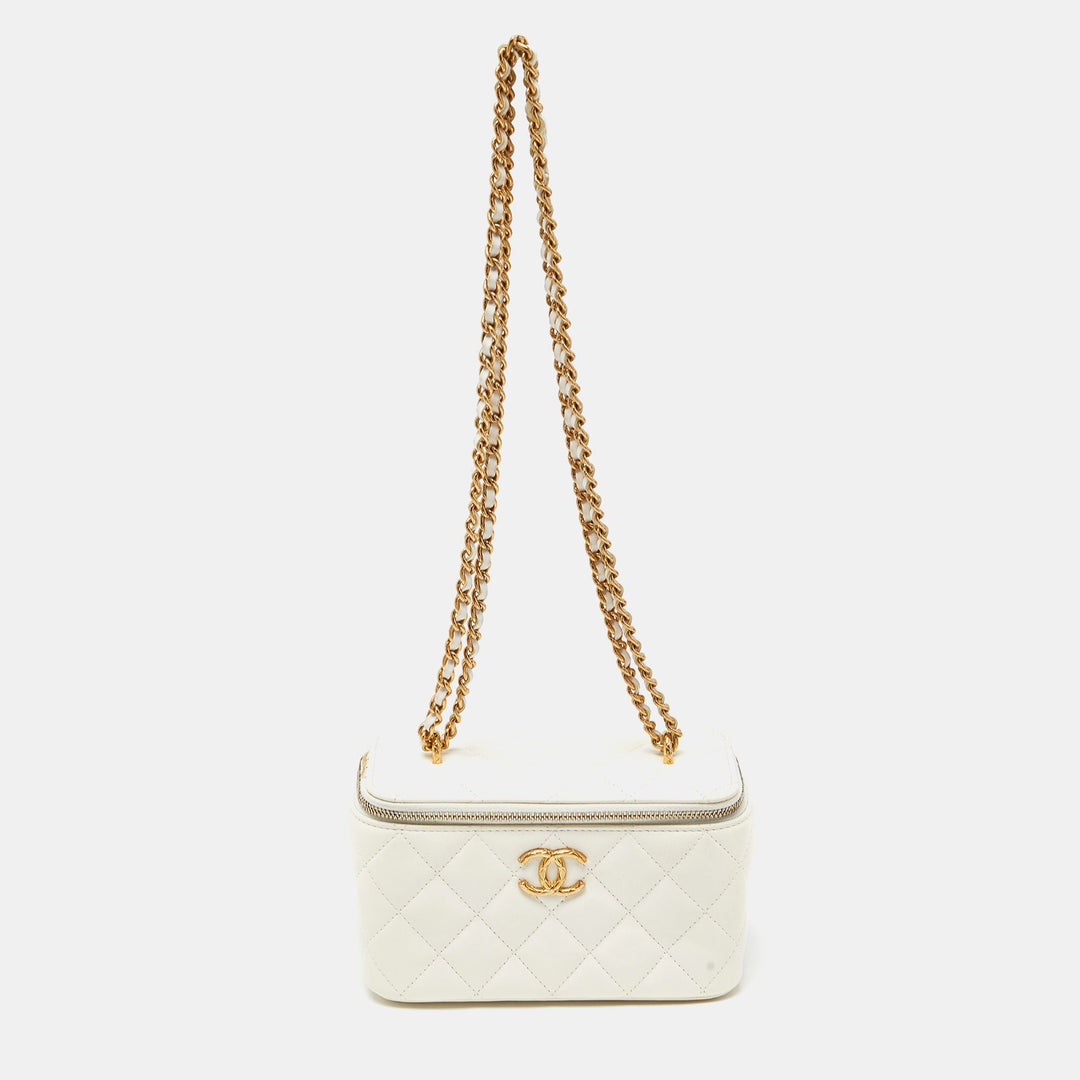 Top Quality Chanel Off White Quilted Leather Vanity Case Chain Bag