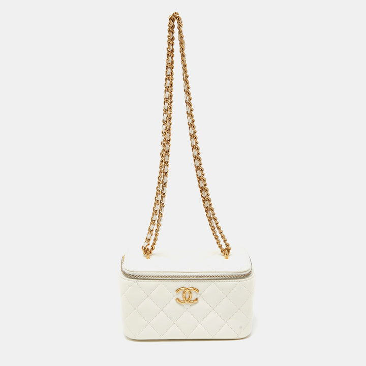 Top Quality Chanel Off White Quilted Leather Vanity Case Chain Bag