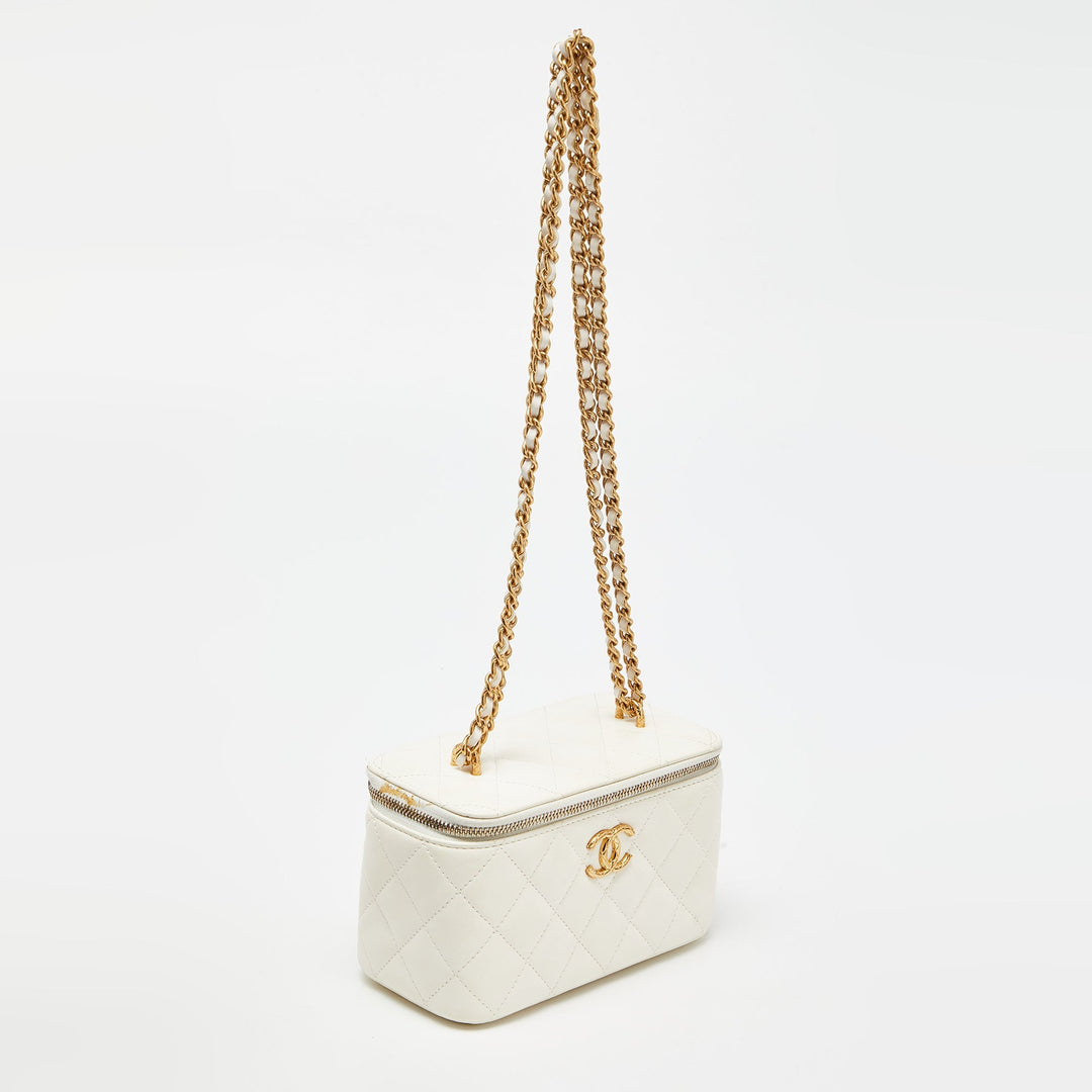 Top Quality Chanel Off White Quilted Leather Vanity Case Chain Bag