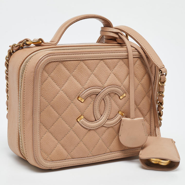 Chanel Beige Quilted Caviar Leather Medium CC Filigree Vanity Case Bag