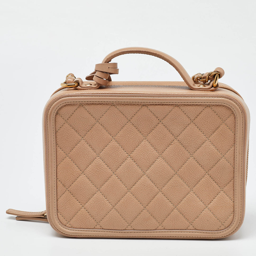 Chanel Beige Quilted Caviar Leather Medium CC Filigree Vanity Case Bag