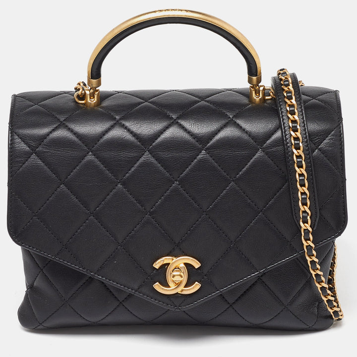 Chanel Black Quilted Leather New Gold Top Handle Bag