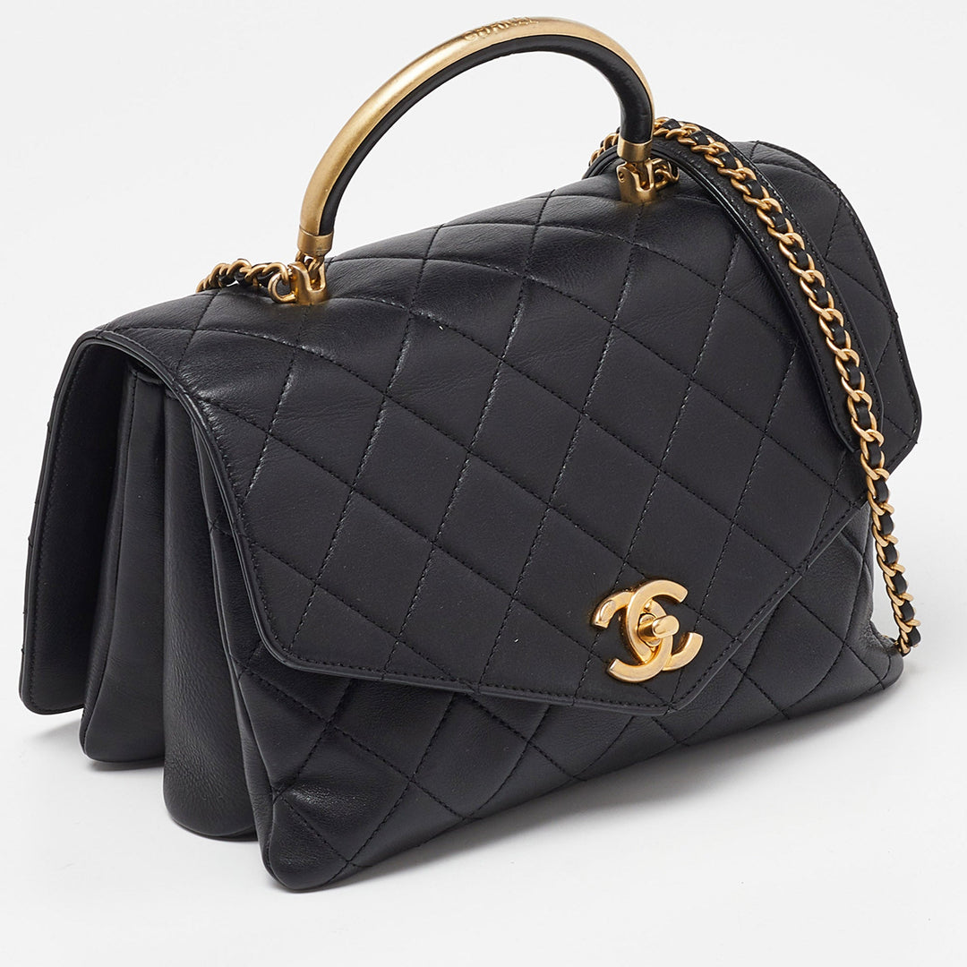 Chanel Black Quilted Leather New Gold Top Handle Bag