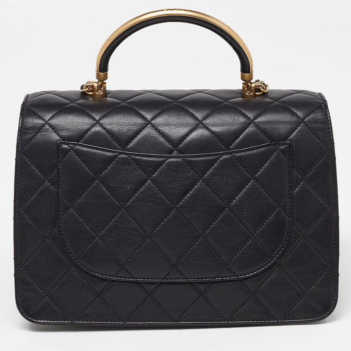 Chanel Black Quilted Leather New Gold Top Handle Bag