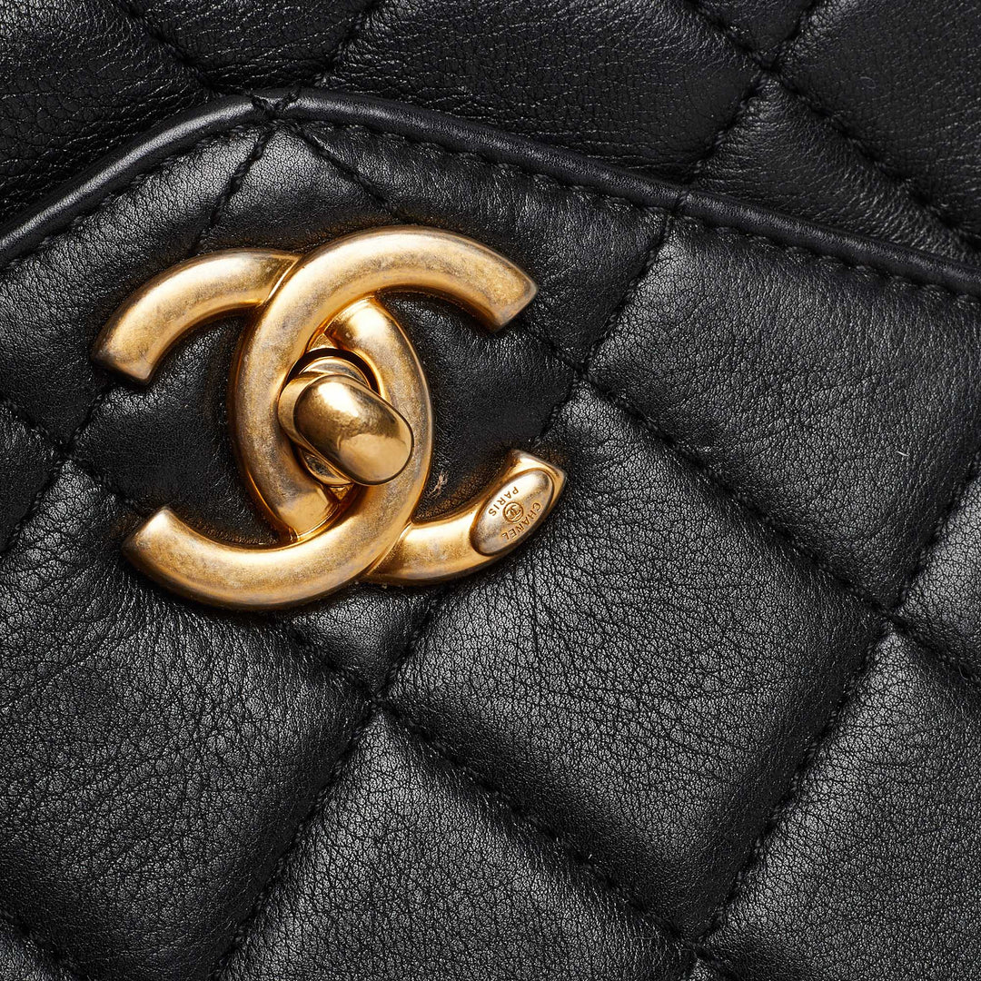 Chanel Black Quilted Leather New Gold Top Handle Bag