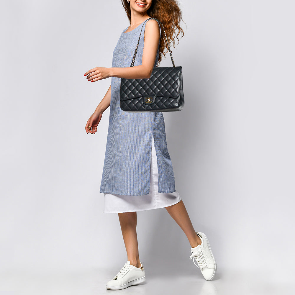 Chanel Black Quilted Caviar Leather Maxi Classic Double New Bag