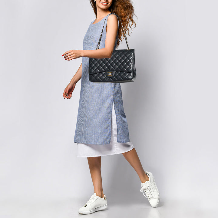 Chanel Black Quilted Caviar Leather Maxi Classic Double New Bag