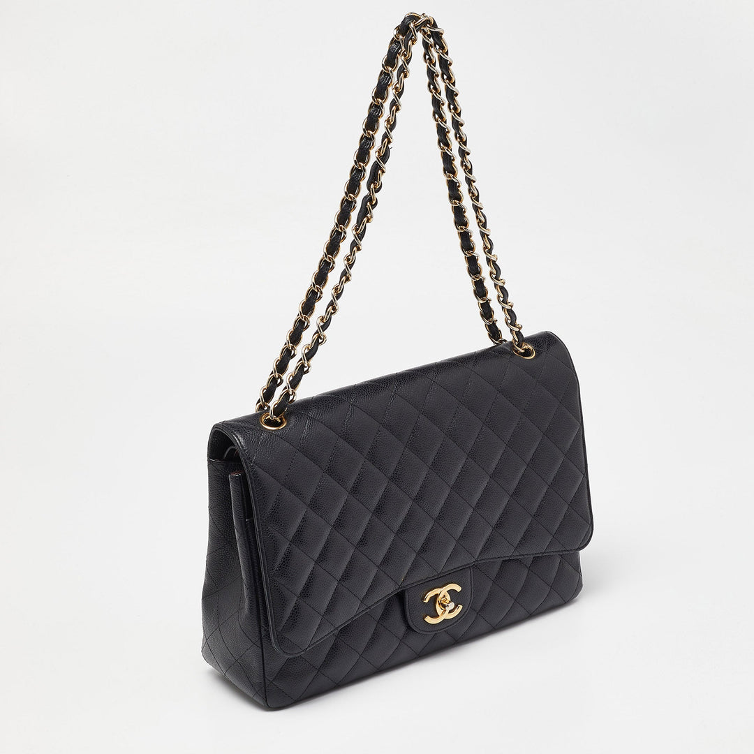 Chanel Black Quilted Caviar Leather Maxi Classic Double New Bag