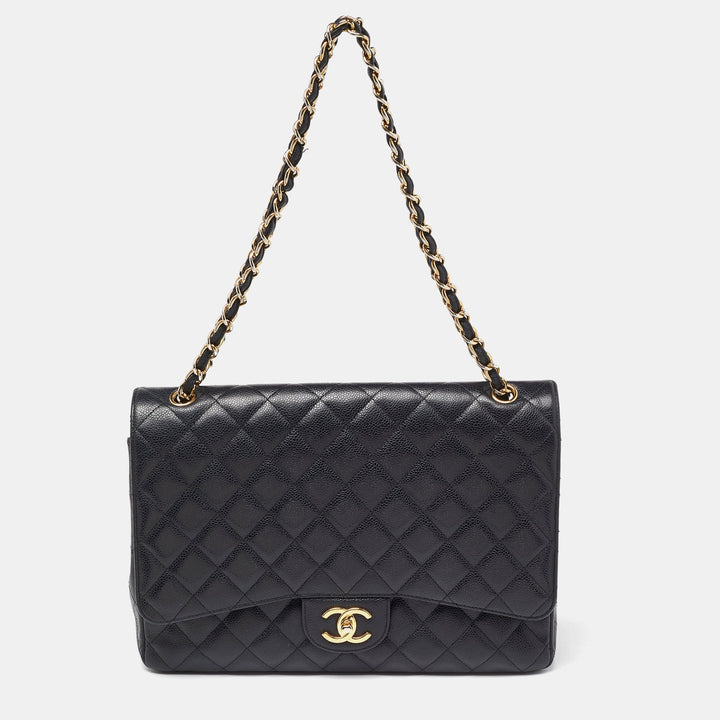 Chanel Black Quilted Caviar Leather Maxi Classic Double New Bag
