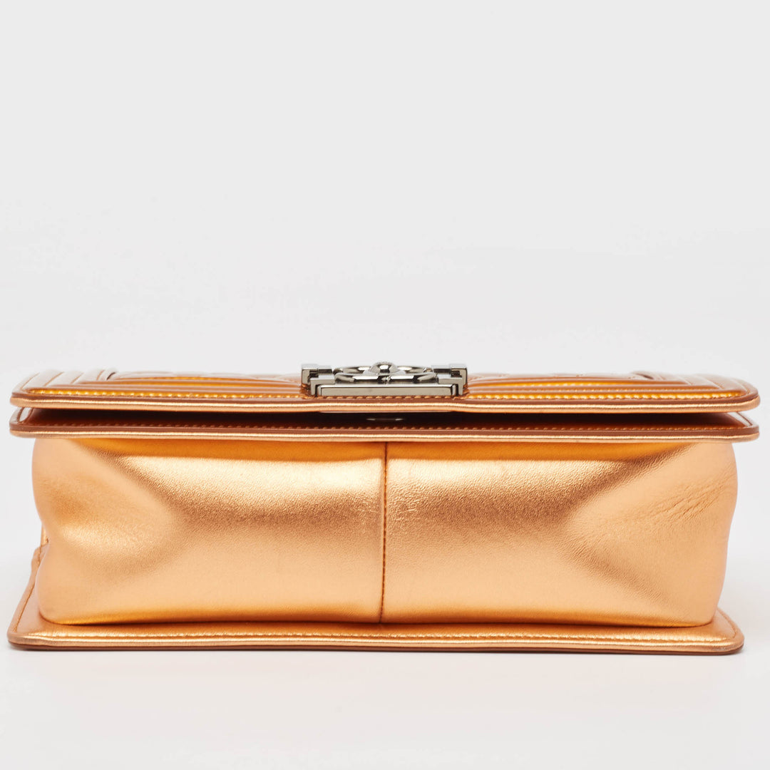 Chanel Bronze Quilted Patent Leather Medium Boy New Bag