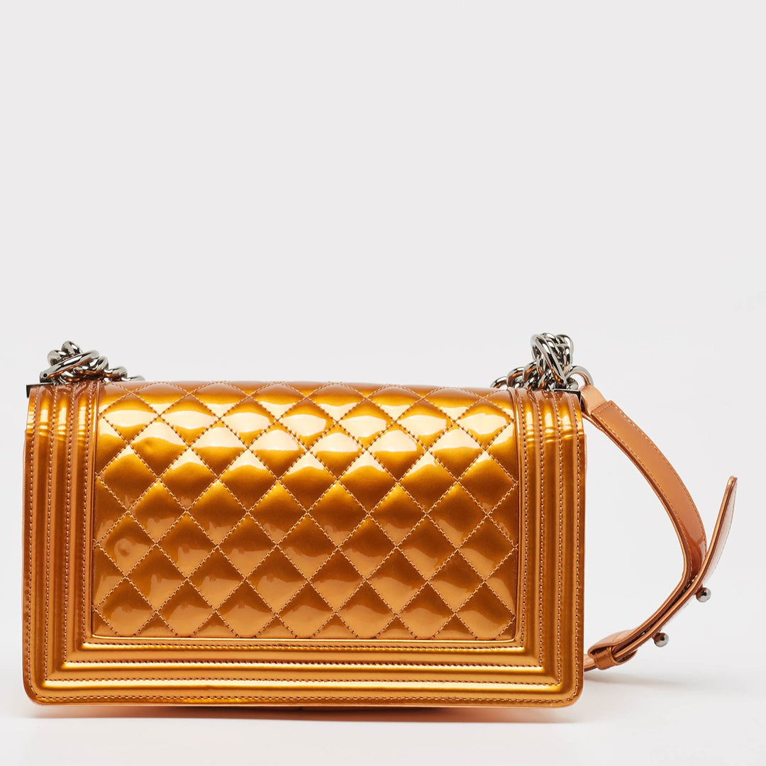 Chanel Bronze Quilted Patent Leather Medium Boy New Bag