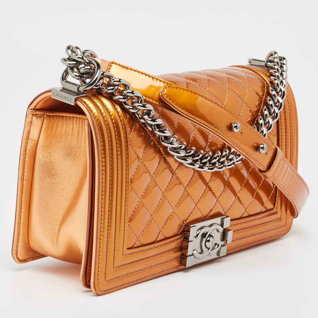 Chanel Bronze Quilted Patent Leather Medium Boy New Bag
