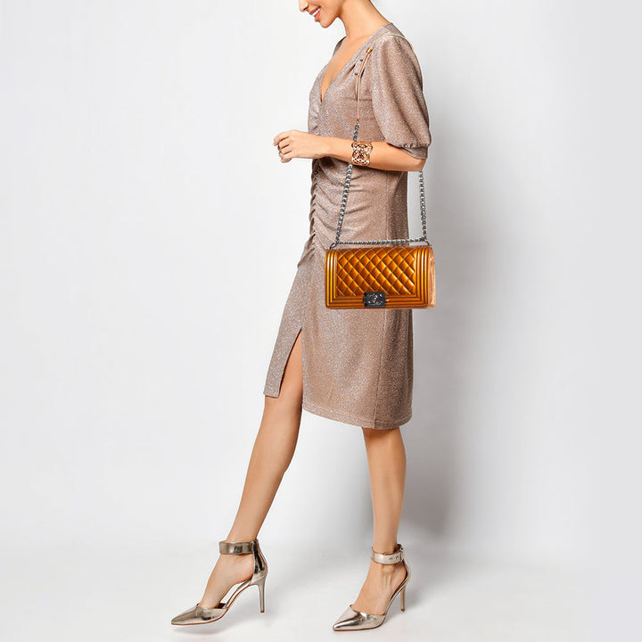 Chanel Bronze Quilted Patent Leather Medium Boy New Bag