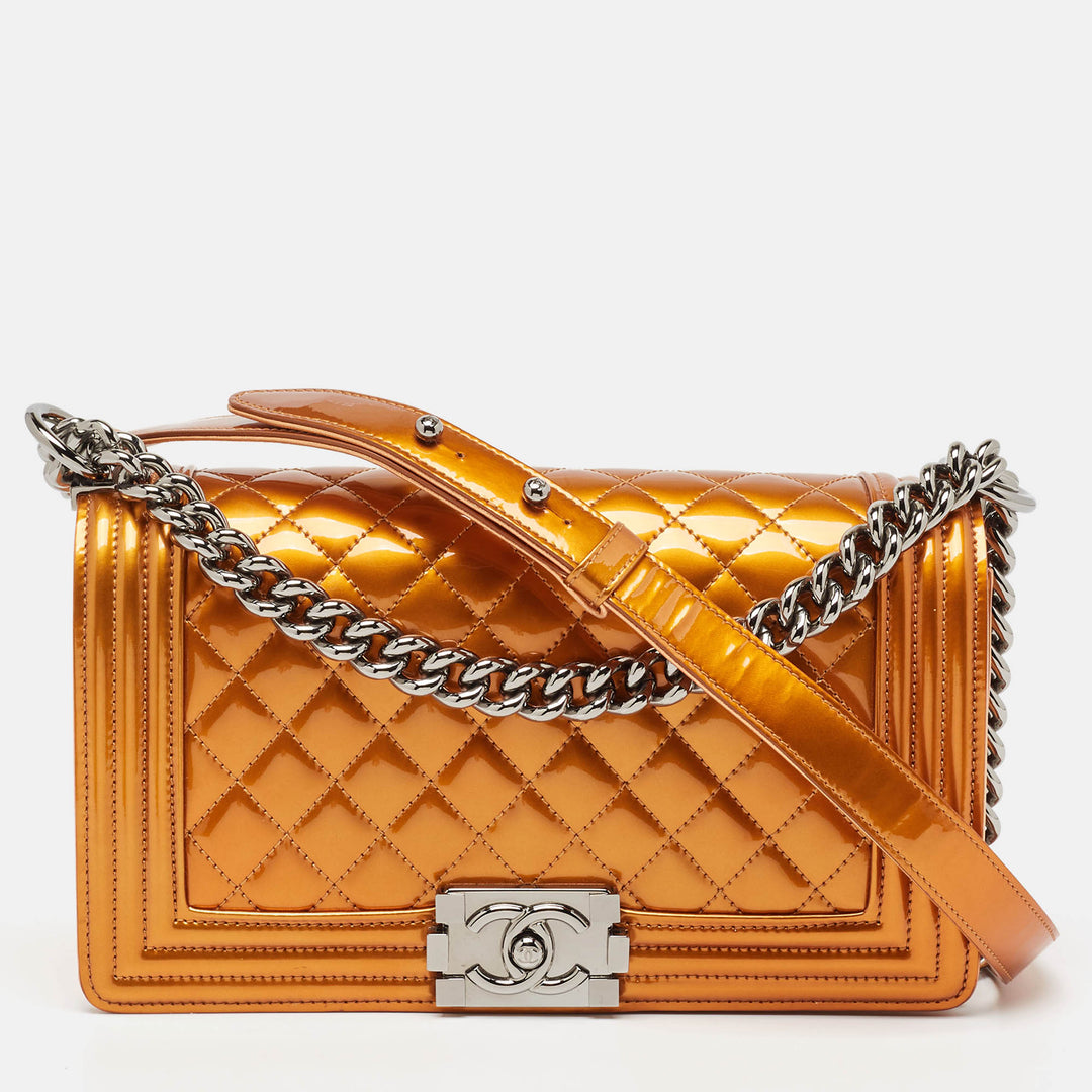 Chanel Bronze Quilted Patent Leather Medium Boy New Bag