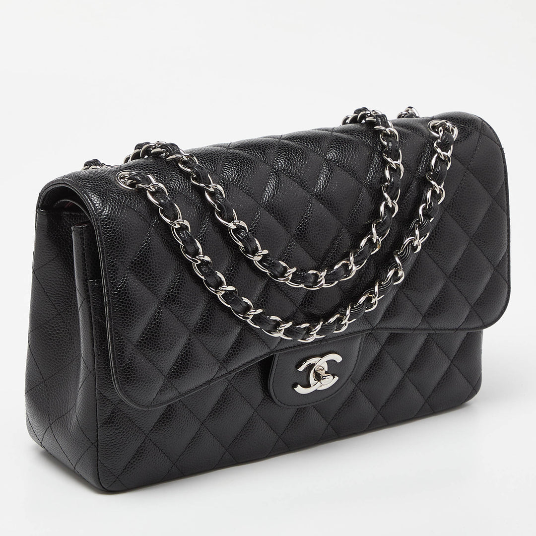 Chanel Black Caviar Quilted Leather Jumbo Classic Double New Bag